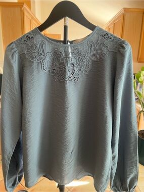 LOFT Slate Blue Embroidered Yoke Long-Sleeve Blouse